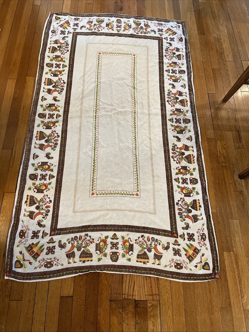 Vintage‎ Pennsylvania Dutch Folk Art Linen Tablecloth 43x75 Amish Couple *READ